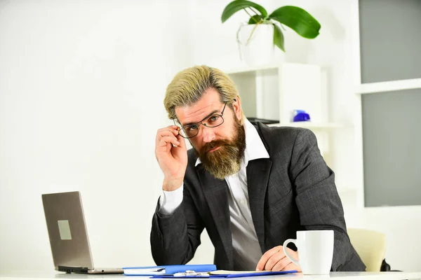 Renforcer les normes. Bourse. Concept du personnel de bureau. Solutions d'entreprise. C'est risqué. Homme barbu patron assis avec ordinateur portable. Manager résoudre des problèmes d'affaires. Tâche intellectuelle. Analytique financière — Photo