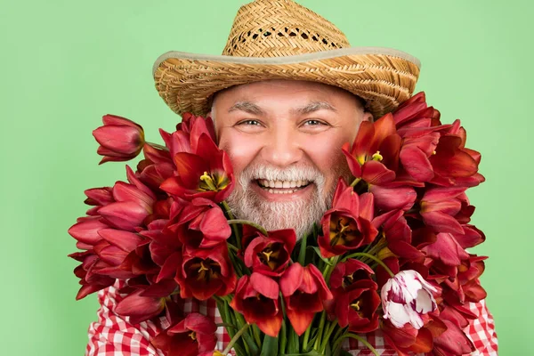 Alegre velho aposentado homem em chapéu de palha segurar flores de tulipa primavera no fundo verde — Fotografia de Stock