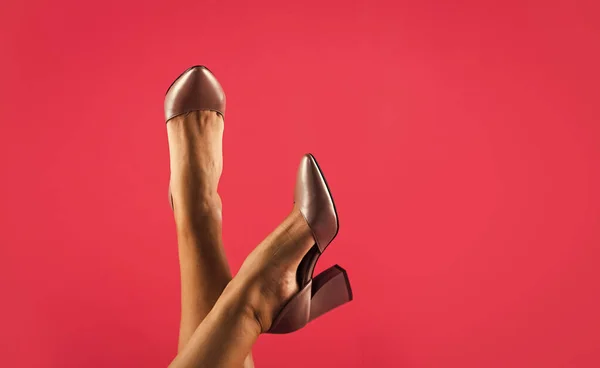 Női láb kényelmes magas sarkú cipőben, fénymásolás, bőrcipő — Stock Fotó