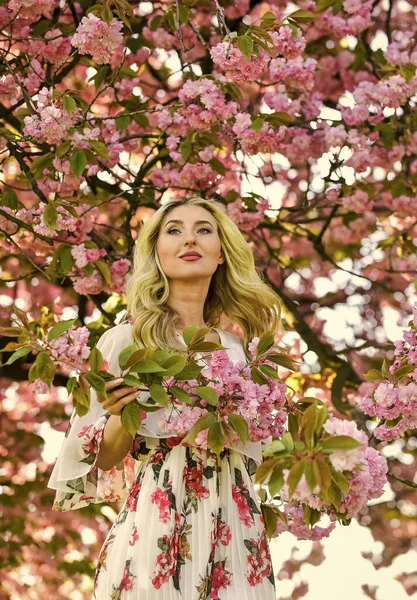 Mutlu bir anı yakalıyorum. Parkta bahar doğası çiçek açar. Retro kadın sakura çiçeği kokusu alıyor. Kaplıca ve güzellik tedavisi. yumuşak cilt bakımı. Kiraz ağacı bahçesinde sağlıklı bir kız. Klasik yaz modası.