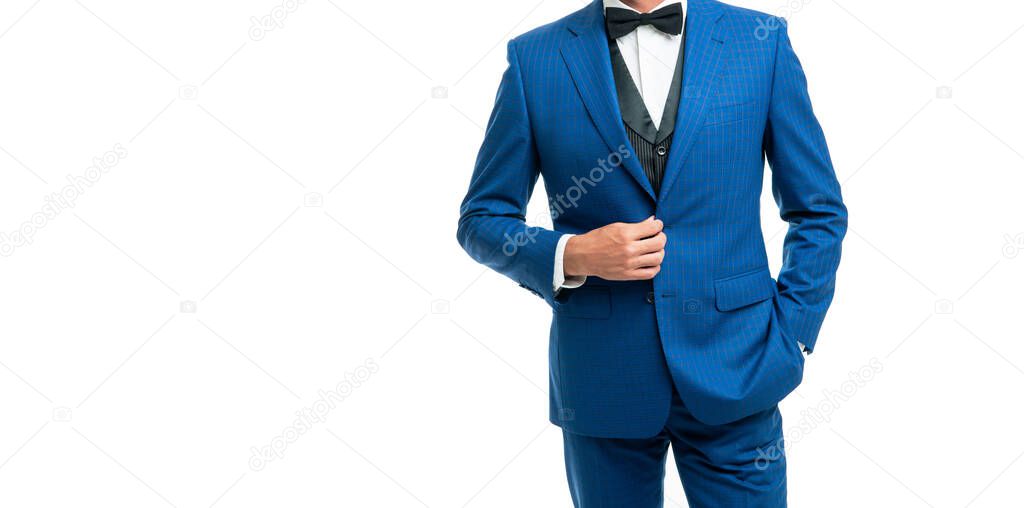 cropped man in bow tie suit. businessman isolated on white. formal wear concept. copy space