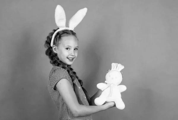 Funny child in hare ears. teenager girl wear rabbit costume. easter bunny hunt. just having fun. — Stock Photo, Image