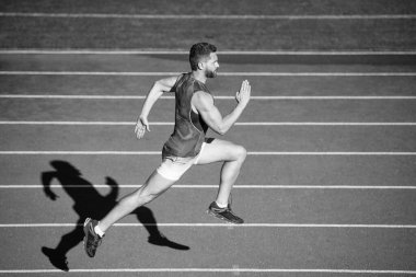 Sadece en iyisi. Maraton hızı. Sporcu sporcu kazanmak için hızlı koşar. Başarılı fitness koşucusu. Stadyumdaki koşu pistinde erkek koç. Dayanıklılık ve dayanıklılık. Yarış pistinde koşucu. meydan okuma ve rekabet