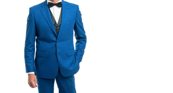 Cropped man in bow tie blue suit. businessman isolated on white. big boss in formal wear. copy space — Stock Photo, Image