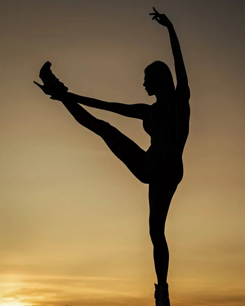 Silueta bailadora de mujer bailarina de ballet al atardecer en el cielo nocturno, bailarina —  Fotos de Stock