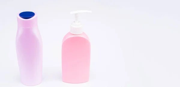 Multi purpose. Cosmetic bottles isolated on white. Refillable bottles. Lotion soap packaging — ストック写真