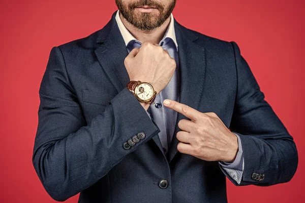 Guy pointing finger on watch. business fashion style accessory. time is success. — Stock Photo, Image