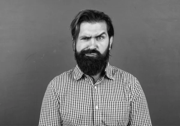 Tahtanın arka planında olgun bir öğretmen var. Vahşi sakallı adam sıradan bir damalı gömlek giyer ve kaşlarını çatar. Negatif insan duygularını ifade et. Yeşil arka planda beyaz bir hipster.