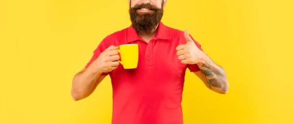 Felice uomo barbuto vista raccolto in casual maglietta rossa dando pollice tenendo tazza, tè — Foto Stock