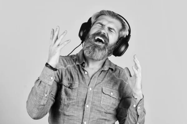 La mia canzone preferita. goda la canzone sana eccellente in cuffia. playlist di buon umore. Uomo con le cuffie. hipster uomo barbuto in cuffia. ascoltare audiolibro. Musica battere per umore energico. la sua canzone preferita — Foto Stock