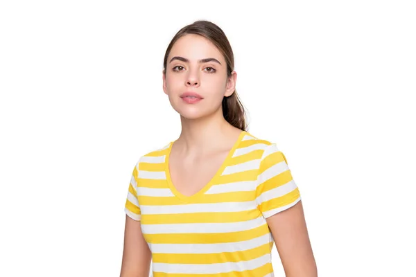 Lány nyáron csíkos póló elszigetelt fehér háttér — Stock Fotó