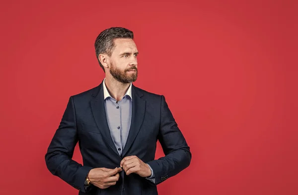 Guapo hombre de negocios confiado en traje formal, espacio de copia, negocio — Foto de Stock