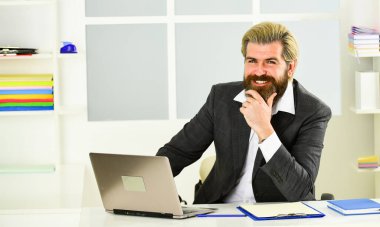 Finansal analiz. Standartları yükseltmek. Borsa. Ofis personeli konsepti. İş çözümleri. Riskli bir iş. Sakallı patron dizüstü bilgisayarla oturuyor. Yönetici sorunları çözüyor. Entelektüel görev