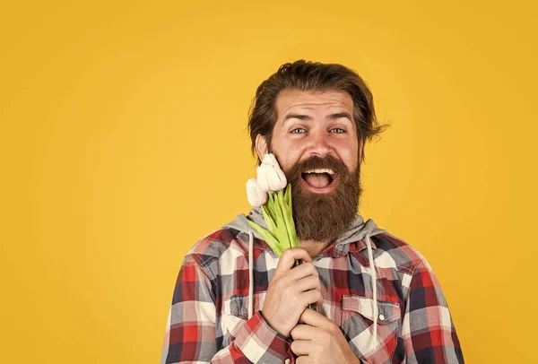 留着胡子的快乐男人拿着郁金香花。父亲节的概念。祝你生日快乐给她的春花。准备好浪漫约会了。今天是女性的节日。庆祝母亲节 — 图库照片