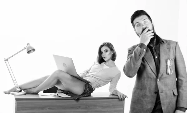 Resist temptation. Office manager or secretary. Sexy personal secretary. Full of desire. Sexy lady worker attractive legs sit table. Boss excited about sexy secretary. Temptress relaxing on table — Stock Photo, Image