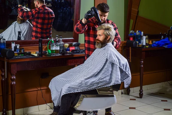 Barber busy concentrated on process. Styling hair. Near impossible to modify proceedings. Man with dyed hair. Barber hairstyle barbershop. Hipster getting haircut. Barber cosmetics. Hairdresser tools — Foto Stock