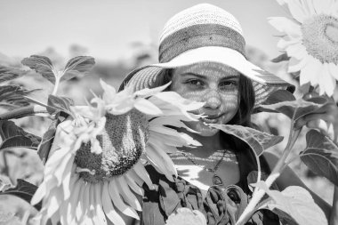 İyi görünümlü bahçıvan. Yaz tatili konsepti. zengin hasat ve tarım. Mutlu çocukluk. Çocuk hasır şapka takıyor. Sarı çiçekli bir çocuk. Ayçiçeği tarlasında genç bir kız