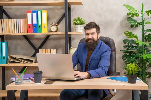 Smiling confident bearded boss study online on laptop in the office, office worker — Foto Stock