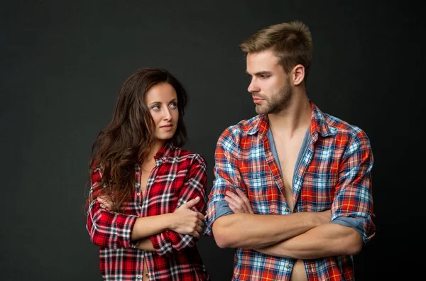 Misunderstanding of sexy man and woman together in checkered shirt, relations — 스톡 사진