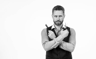 Yakışıklı adam tarak ve berber makası, fotokopi alanı, berber dükkanı