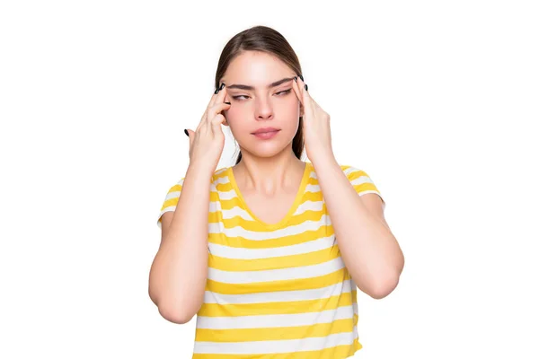 Sleepy young girl in summer striped tshirt isolated on white background — Stockfoto