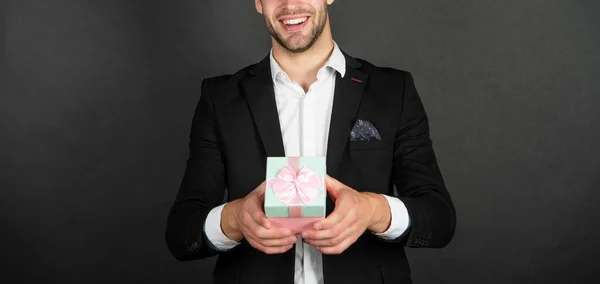 Happy cropped man with box after shopping sale, purchase — Foto de Stock