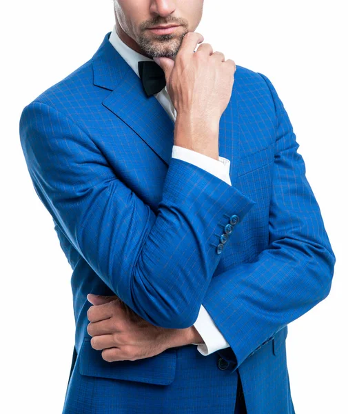 Hombre de negocios hoary en traje de esmoquin azul con arco de cuello aislado sobre fondo blanco — Foto de Stock