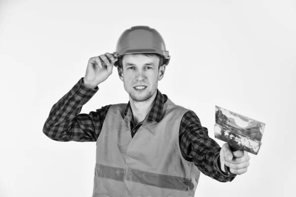Estucador no trabalho uniforme gesso ferramenta de vidraceiro faca, novo conceito de casa — Fotografia de Stock