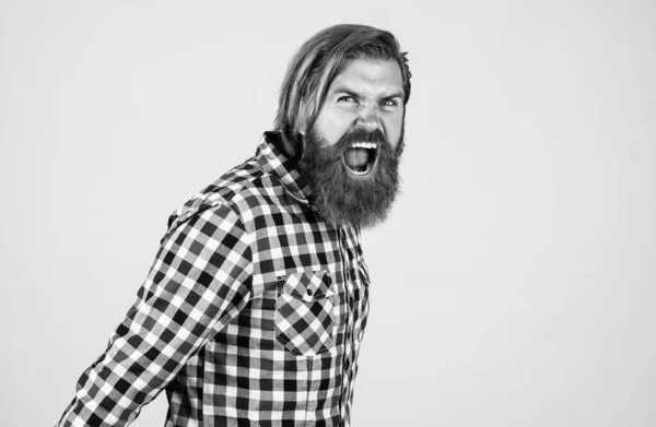 Gritando homem barbudo brutal usar camisa quadriculada com barba exuberante e bigode, raiva — Fotografia de Stock