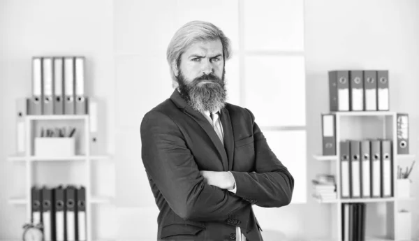 Business success. Making great decisions. Head of department. Man manager at workplace. Consider Consequences. Top management. Management skills. Entrepreneur in modern office. Successful bearded ceo — Stock Photo, Image