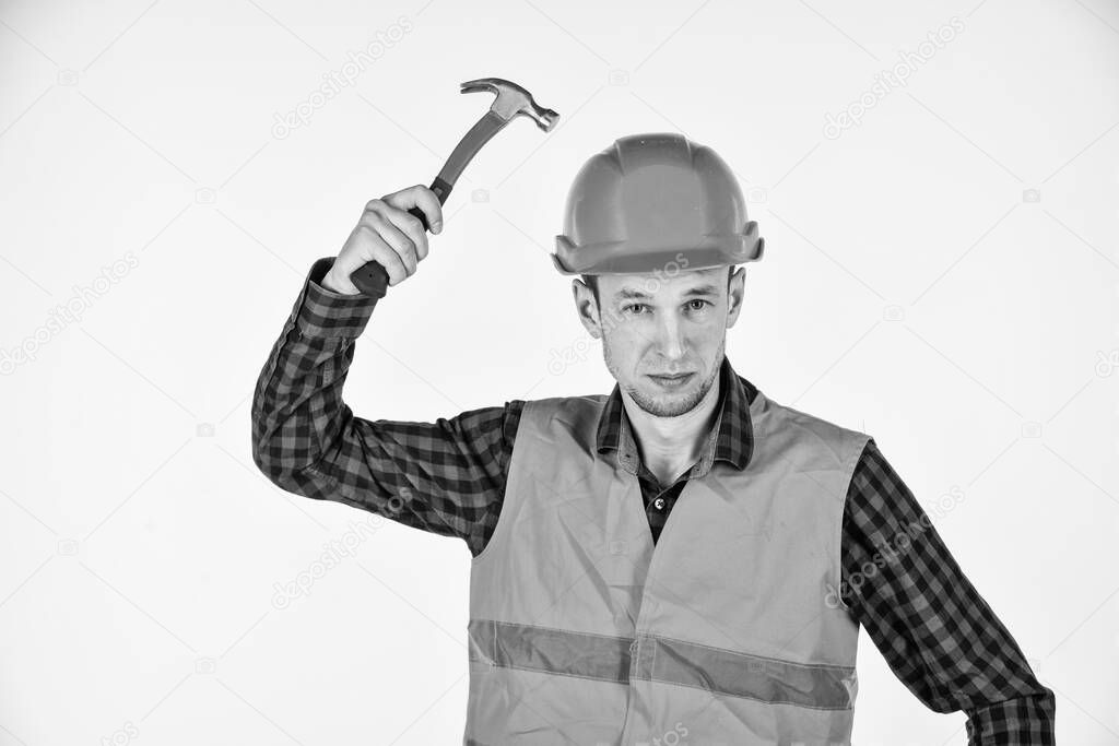 Man repair master knoking own head claw hammer, feeling protected concept