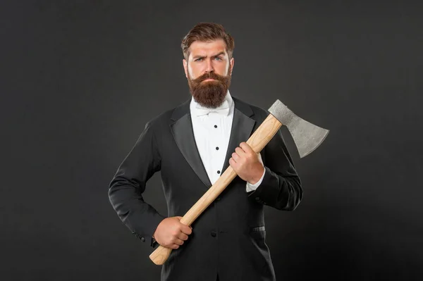 Theres a beard style for every man. Bearded man holding hatchet. Gentleman with ax. Axe shaving — Fotografia de Stock
