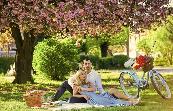 Liefdevolle relatie. Verliefd stel op groen gras. Samen genieten van de natuur. picknicken in het stadspark. Man en vrouw ontspannen met de voedselmand. Romantisch reiziger paar onder sakura bloesem boom — Stockfoto