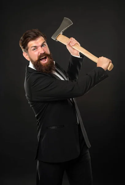 Aggressive bearded man in suit threaten with axe dark background, rage — 스톡 사진