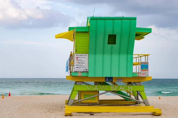 Miami Beach, Florida USA - April 19, 2021: green lifeguard tower on summer beach in miami — 스톡 사진