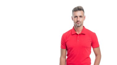 handsome man with graying hair in red shirt isolated on white background
