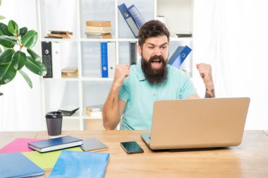 Excited businessman celebrating victory looking in laptop at office desk, business success