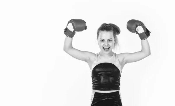 Teen girl boxer training in boxing gloves, copy space, winner — Stock Photo, Image