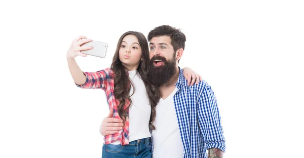 Happy family father and daughter pose for selfie camera phone isolated on white, self-portrait — Stock Photo, Image