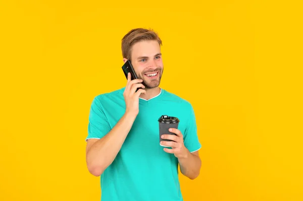 Voice contact. telephone connection. young man talk on cellphone. phone call communication — стоковое фото