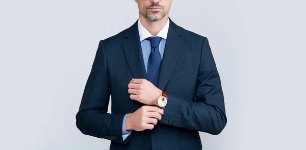 Mature boss in formal suit with glasses and wristwatch — Zdjęcie stockowe