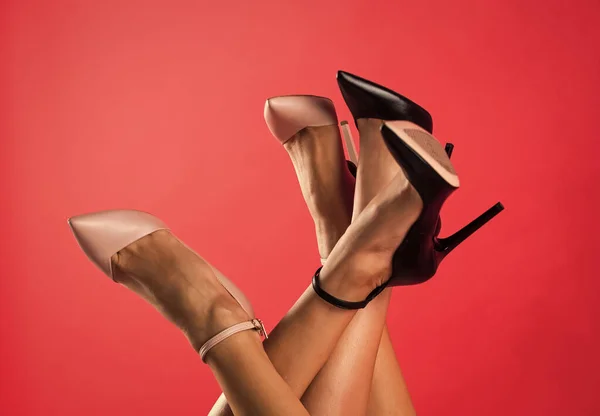 Χαλαρώστε. γυναικεία πόδια σε παπούτσια με ψηλά τακούνια. κατάστημα υποδημάτων μόδας. ομορφιά και άνεση — Φωτογραφία Αρχείου