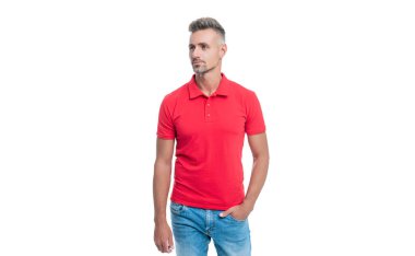 handsome guy with grizzled hair in red shirt isolated on white background
