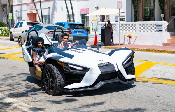 Miami Beach, Florida USA - April 14, 2021: white polaris slingshot, front corner view. — стоковое фото