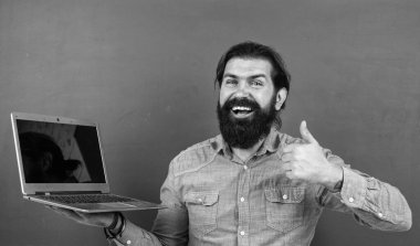 Sakallı, neşeli, başarılı ve kendine güvenen iş adamı internette, dijital çağda çalışıyor.