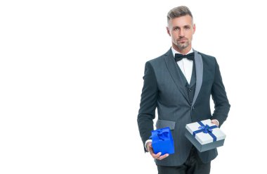 elegant grizzled man holding present box isolated on white shopping