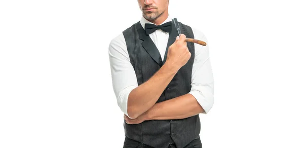 Cropped man barber with razor blade in bow tie isolated on white background — Stock Photo, Image