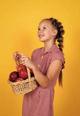 Vitamin kovası. Mutlu ve sağlıklı bir çocukluk. Sağlıklı yemek ve yemek. Çocuk meyve yiyor..