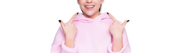 Happy Young Woman Pink Hoodie Point Finger Teeth Isolated White — Stock Photo, Image