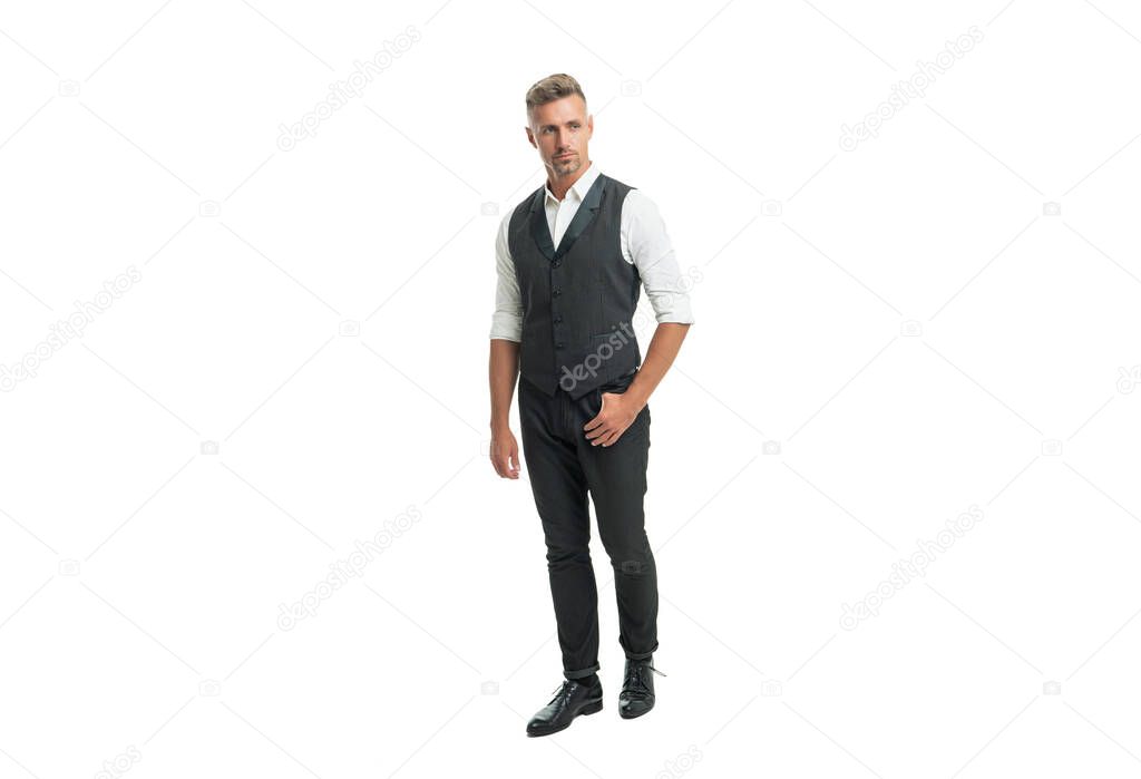 full length of man in suit. businessman isolated on white. lawyer in business wear.